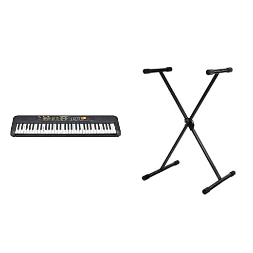 Yamaha PSR-F52 Teclado digital portátil y compacto con 61 teclas, 144 voces de instrumentos y 158 estilos de acompañamiento, color negro + GEWA F900520 Soporte de teclado, patas perfil simple
