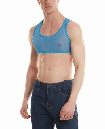 Panegy Men Shiny Sheer Half Tank Top Sleeveless Mesh Muscle Gym Crop Top Undershirt Slim Fit Short Vest 20242