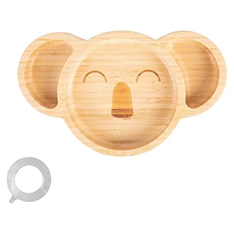 Children's Koala Bamboo Dinner Plate with Strong Stay Put Suction Cup - Great for Baby Toddler Weaning - Eco Friendly Kids Food Plates - Grey - by Tiny Dining Cover