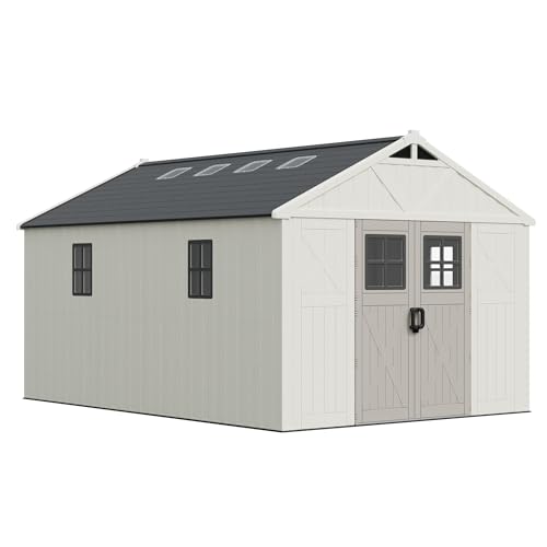Image of Greesum 10x14FT Resin Outdoor Storage Shed with Floor, Plastic Sheds, Beige