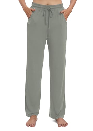 EXCHIC Damen Freizeit Elastische Gerades Bein Hose Lounge Mittel Taille Weite Yoga Hosen mit Taschen(M, Hellgrau)