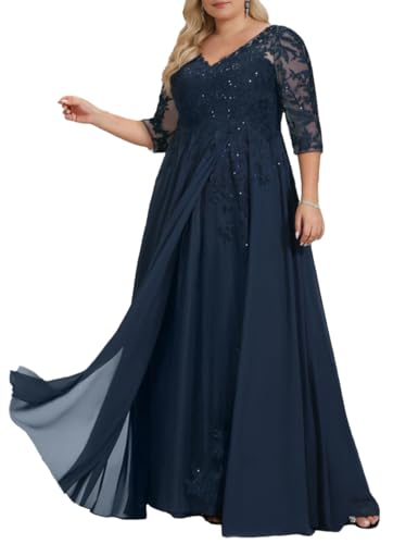 3/4 Sleeve Mother of The Bride Dresses for Wedding A Line V Neck Long Chiffon Lace Sequin Formal Evening Dresses4