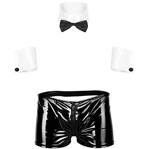 iiniim Conjunto de Lenceria Hombre Sexy Tangas Botones Disfraz Caballero Cosplay Ropa Interior Erótica Calzoncillos + Corbata + Collar + Pulseras Traje de Club Fiesta Ropa de Dormir Negro&Blanco B XL