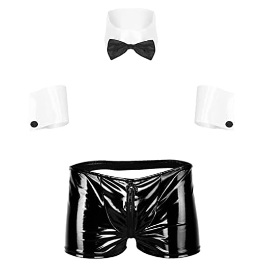 iiniim Conjunto de Lenceria Hombre Sexy Tangas Botones Disfraz Caballero Cosplay Ropa Interior Erótica Calzoncillos + Corbata + Collar + Pulseras Traje de Club Fiesta Ropa de Dormir Negro&Blanco B XL