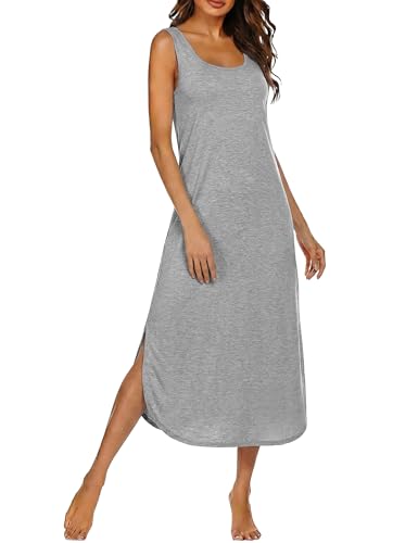 Bresdk Chemise de Nuit Femme Coton Longue Robe de Nuit sans Manches Col V Vêtements de Nuit Spaghetti Confortable Ete Gris L