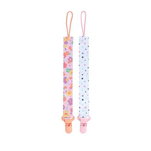 Image of Nuby Pacifinder Pacifier Clip, 2 Pack Pacifier Holder for Girl, Pink Flowers and White with Polka Dots