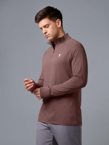 Image of TECHNOSPORT Men's Solid Quarter Zip Gym Slim Fit Active Sports T-Shirt with COTFLEX Full Sleeve Cotton Feel Polyester 4-Way Stretch Memory Fabric Lightweight Workout Running Training