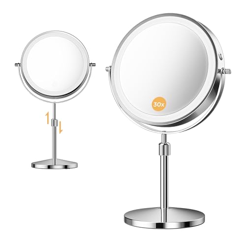 tubbede Makeup Mirror, 1X/30X Magnification with 3 Level LED Lights, 5000 mAh Rechargeable Double Sided 9” Magnifying Mirror with 360° Rotation, Perfect for Precision Grooming and Makeup, Women Gift