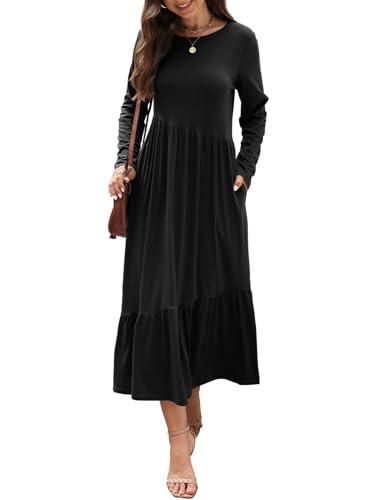 Image of Mieazom Women's Long Sleeves Maxi Dress Casual Loose Tiered Flowy Swing Beach Long Dresses with Pockets