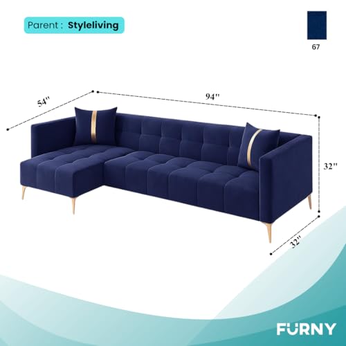 Image of FURNY Styliving 6 Seater Fabric LHS L Shape Sofa Set (Blue) with Golden Finish Legs | Durable & Comfortable | Ideal for Living Room