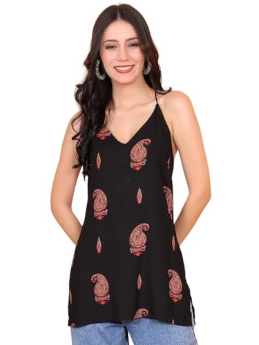 Image of FIMS - Fashion is my style Rayon Short Kurti for Women, Ethnic Printed, Black Sleeveless Kurtis, Summer Wear, Ideal Gift for Girls