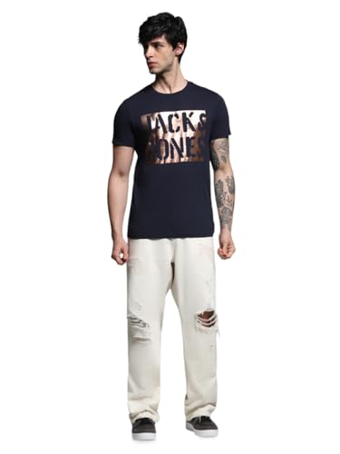 Image of Jack & Jones Men's Typography Printed Round Neck Short Sleeves Cotton Slim Fit Letter Print T-Shirt