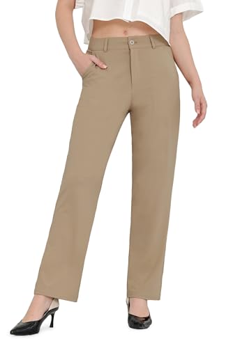 Bamans Khaki Pants for Women Dress Work Business Casual Pants Tummy Control Office Straight Leg Trousers High Waisted Ladies Slacks 31