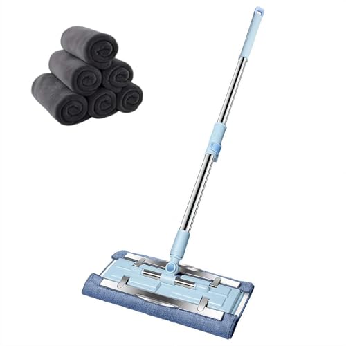 Mocio piatto con manico in acciaio inossidabile, girevole a 360 gradi, regolabile, retrattile, con 6 panni riutilizzabili e lavabili, per legno duro, laminato, pulizia dei pavimenti in piastrelle