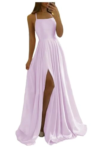 Image of Women Long Formal Dress Solid Satin Spaghetti Straps A Line Evening Cocktail Dresses with Slit