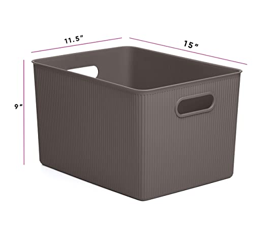 Superio Ribbed Collection - Decorative Plastic Lidded Home Storage Bins Organizer Baskets, X-Large Brown (2 Pack - 22 Liter) Stackable Container Box, For Organizing Closet Shelves Drawer Shelf #TOP1