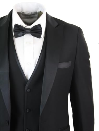 Mens 3 Piece Black Classic Satin Tuxedo Dinner Suit Tailored Fit Wedding Prom3
