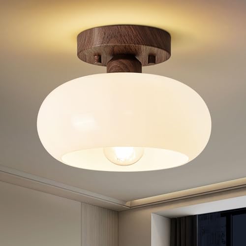 WOKNOS Mid-Century Modern Semi Flush Mount Ceiling Light, Faux Walnut