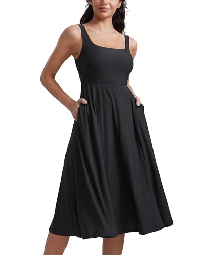 CRZ YOGA Cloudweight Double Lined Square Neck Midi Dresses for Women Casual Summer Sleeveless Outfits with Side Pockets