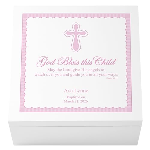 Let's Make Memories Personalized Keepsake Box for Blessed Child - Memories Box - Baptism - Confirmation - Memento Storage - For Girls - 6" Hx12 Sq - God Bless - Pink