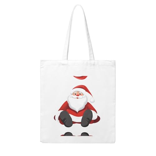 Cute Santa Claus Print Canvas Shopping Bag Reusable Eco-Friendly Handbag With Large Capacity For Everyday Use
