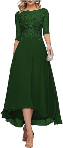 ALEESHUO Tea Length Mother of The Bride Dresses for Wedding Emerald Formal Dress 3/4 Sleeve High Low Evening Party Gowns US12 Emerald