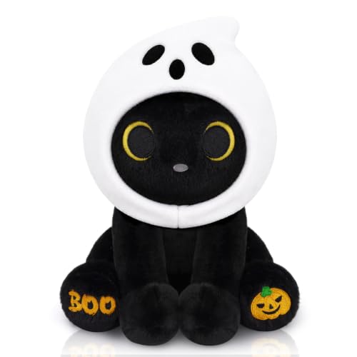 Image of Halloween Cat Stuffed Animal in Spooky Ghost Hood | 8inch Halloween Stuffed AnimalGhost Plushie with BOO & Pumpkin Paw, Halloween Basket Stuffers Gifts