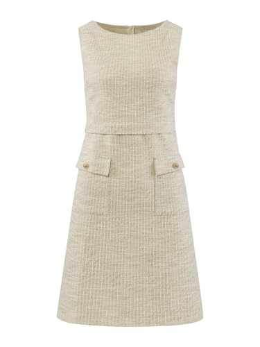 Hobemty Damen Ärmelloses Tweed-Kleid U-Boot-Ausschnitt Arbeit Büro Etuikleider, Beige, Groß
