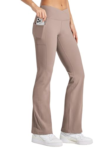 Willit Women's Fleece Lined Pants Yoga Crossover Leggings Bootcut Thermal Winter Pants Flare Leggings Water Resistant Rose Taupe S