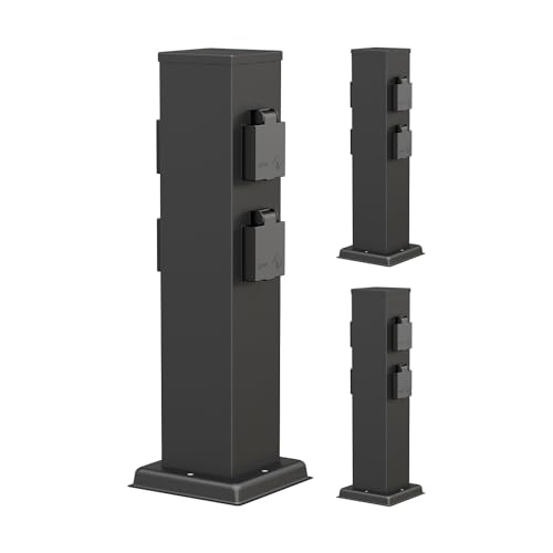 ledscom.de 3 Tomas de jardín Columna Polly para Exterior, IP44, 4 vías, Acero Inoxidable, Negro, Cuadrada, 40 cm