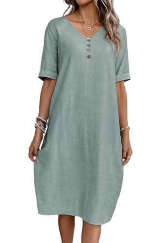 Sommerkleid Damen V-Ausschnitt Leinen Kleider Kurzarm A-Linie Kleid Midikleid Strandkleid Freizeitkleid mit Taschen