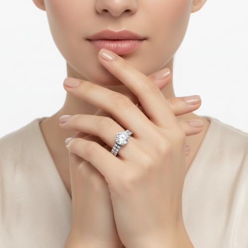 Image of Choose Your Gemstone Hidden Diamond CZ Wedding Set 925 Sterling Silver Round Shape Wedding Ring Sets Minimal Modern Design Birthday Gift Wedding Gift US Size 4 to 12