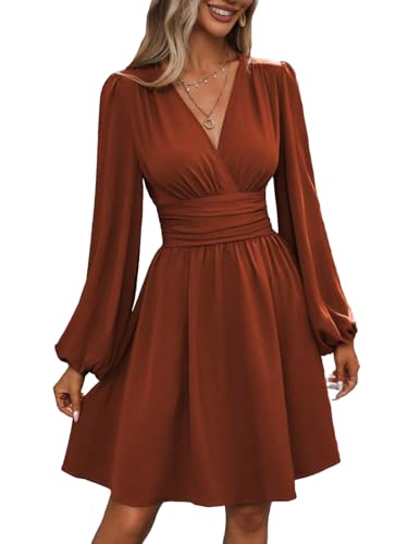 Kleid Damen Langarm Winterkleid V-Ausschnitt Casual A-Linie Kleider Strand Mini Freizeitkleid Braun S