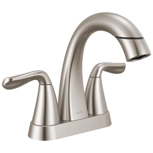 Delta Arvo Centerset Brushed Nickel Bathroom Faucet with Sprayer, 4 Inch 3 Hole Bathroom Sink Faucet with Pull Out Sprayer, Push-Pop Drain, SpotShield Brushed Nickel 25840LF-SPPD