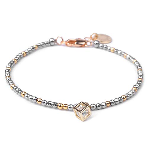 Morchic 2mm Hematite Stone Mini Multi-Faceted Beads Adjustable Strand Bracelets for Women, Cubic Zirconia Pendant (Silver)