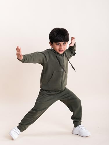 Image of Boys Solid Fleece Full Sleeve Zip Front Open Hooded Sweatshirt With Track Pant Set
