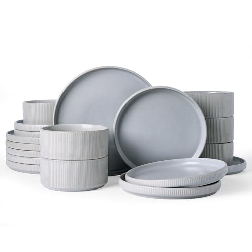 Image of Famiware Star 18-Piece Reactive Glaze Plates and Bowls Sets, Service for 6 - Stoneware Dinnerware with Trim, Modern Rustic Dishes, Chip & Scratch Resistant, Microwave & Dishwasher Safe, Matte Gray