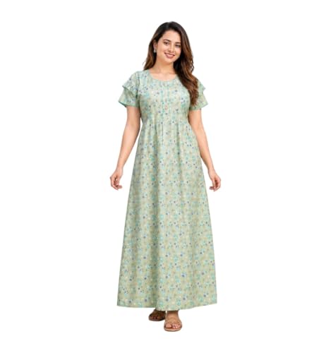 Image of Women's Pure Cotton Maxi Nighty, Floral Print, Short Sleeve Night Gown Adjustable Back BeltSoft Breathable Full-Length Sleepwear & Lounge Wear