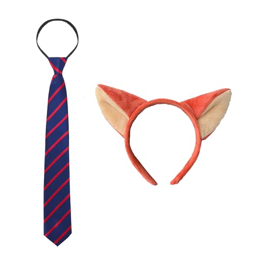 2pcs Fox Costume Accessories Fox Ears Headband and Navy Blue Striped Tie Costume for Halloween Animal Cosplay