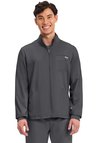 Cherokee Scrub Jacket Men's Zip Front Jacket with 5 Pockets, Bungee Loop, Rib-Knit Cuffs, Soft 2-Way Stretch Fabric - WW320, XL, Pewter