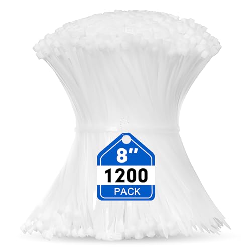 Zip Ties, RAZCC 1200pcs Cable Zip Ties 8 Inch, Heavy Duty White Plastic Wire Ties with 50lb Tensile Strength, Self-Locking Nylon Cable Ties, Wire Management for Indoor and Outdoor