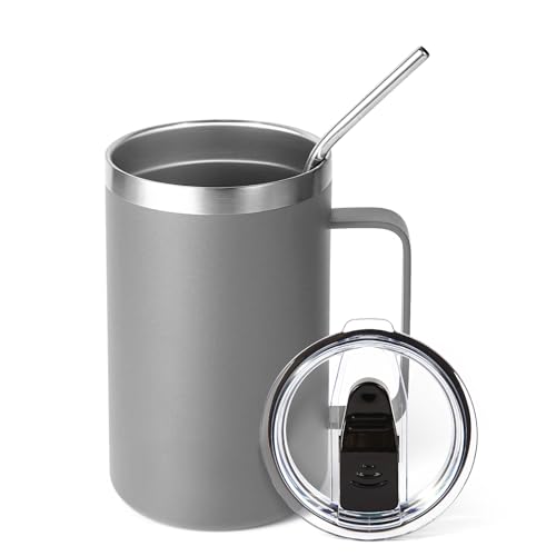 Volhoply 16oz Insulated Coffee Mug with Lid and Straw (Gray)