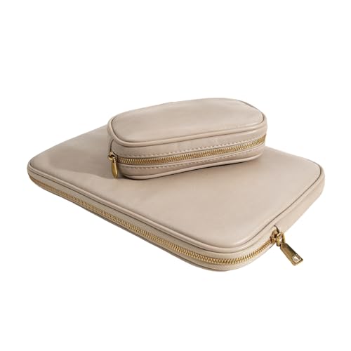 Funda para portátil 14 pulgadas acolchada de piel sintética color arena con bolsa para cargador 3