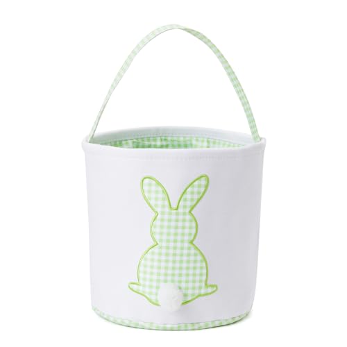 Image of CHOIEO Easter Basket with Handle Easter Bucket Easter Baskets Easter Basket Bags Egg Hunt Basket Canvas Plaid Bunny Print Basket with Fluffy Tail (Green Plaid)