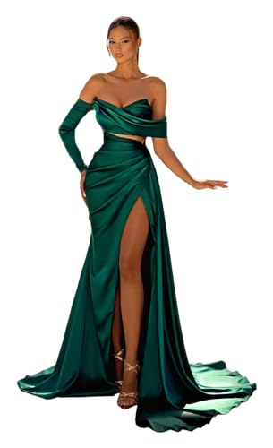 Off The Shoulder Satin Long Sleeve Prom Dresses Long Satin Mermaid Evening Gown for Women Formal Dress with Slit