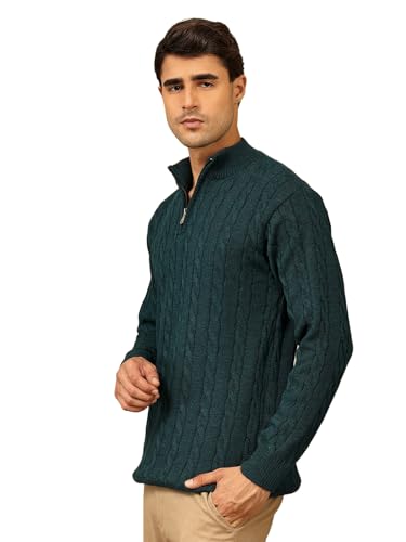 Image of Kvetoo Men's Wool High Neck Zipper Sweater, Full Sleeve Cable Knit Quarter Zip Winter Pullover
