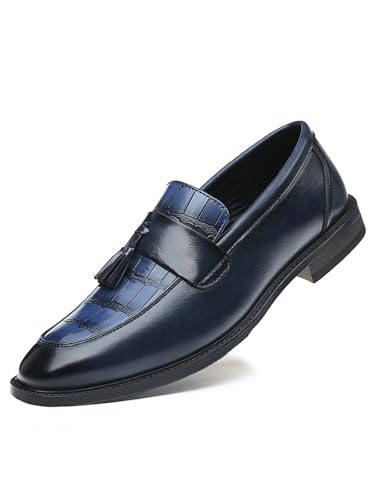 Mens Tassels Crocodile Print Slip On Dress Loafers Shoes Vintage Business Formal Casual Penny Shoes Blue