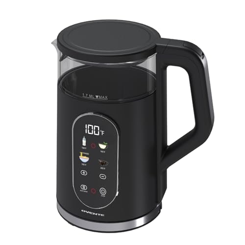 OVENTE Electric Kettle 1500W Fast Boiling Water Heater with 1.7L Double Wall Insulated Borosilicate Glass Interior, Digital Touchscreen, Keep Warm, Auto-Shut Off and Boil-Dry Protection, Black KD96B