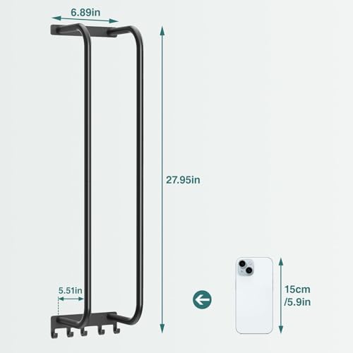 Towel Rack Bathroom Wall Holder: 27.9 Inch Wall Mounted Shower Organizer, for Rolled Towel Storage, 2 Metal Racks Plus Extra 5 Hooks, for Modern Small Space Bathroom RV Campers (Matte Black) - Image 5