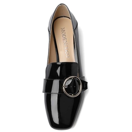 MODENCOCO Women's Slip On Patent Square Toe Chunky Low Heel Pumps Casual Dress Mules Shoes 1.5 Inch3